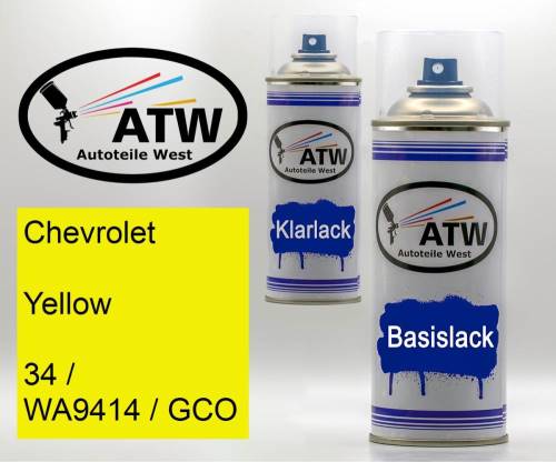 Chevrolet, Yellow, 34 / WA9414 / GCO: 400ml Sprühdose + 400ml Klarlack - Set, von ATW Autoteile West.